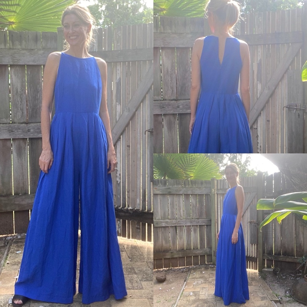 Christine Alcalay Palazzo jumpsuit. Blue linen lined on top.